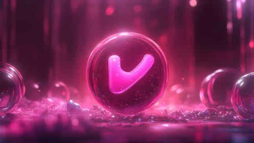 Shiny Pink Checkmark Bubble in Futuristic Neon Fantasy Scene.