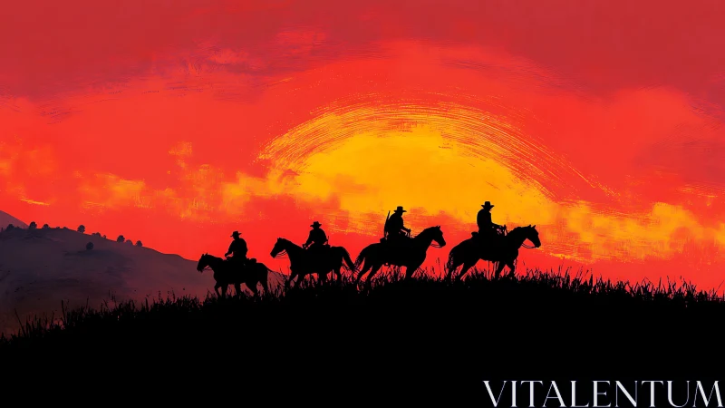 Silhouetted riders on horseback crossing ridge at fiery sunset