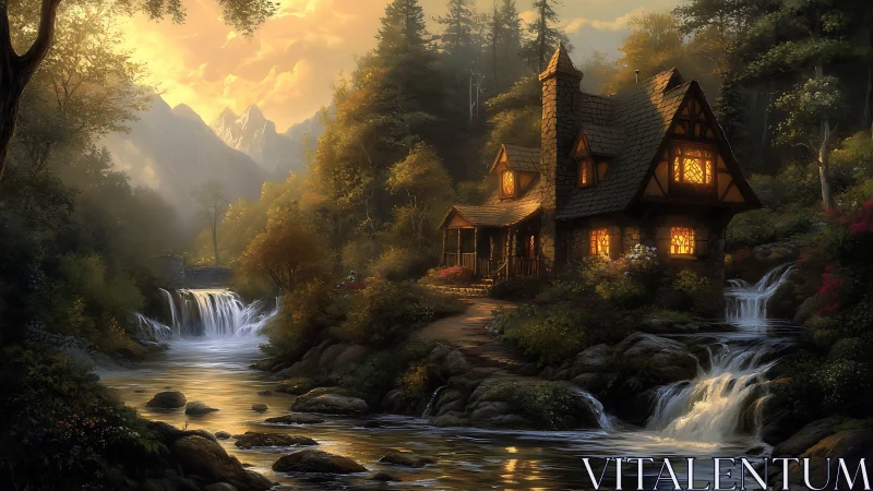 Riverside stone cottage under volumetric sunset illumination.