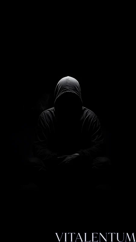 Hooded figure sits in darkness with face obscured by shadow