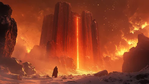 Lone figure approaches colossal molten gate in frozen canyon