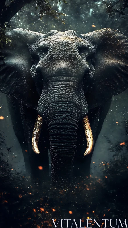 Majestic tusked elephant emerging through embers and haze.