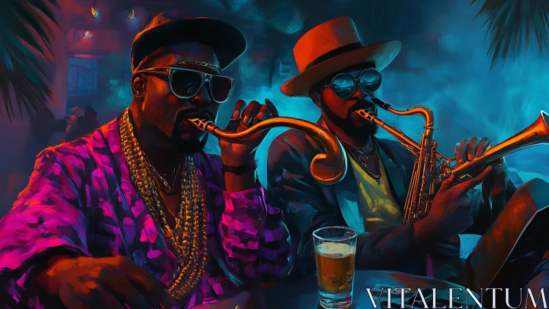 Neon drenched jazz duo with curved horns in nightclub glow.