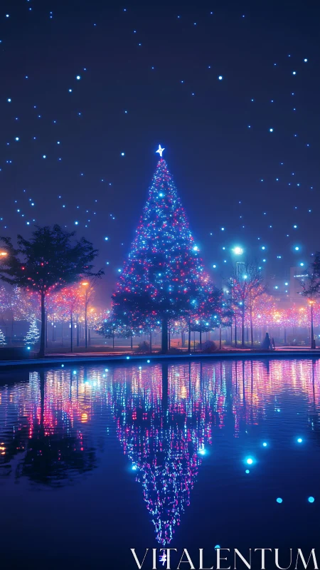 Illuminated outdoor tree reflected in calm urban waterway.