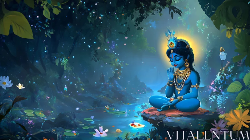 Gentle blue deity meditating beside a glowing forest stream.