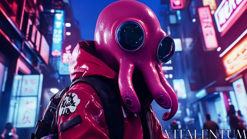 Pink octopus-hooded figure walks neon city street at night