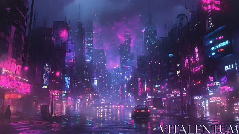 Neon soaked night city welcoming wanderers in soft rain.