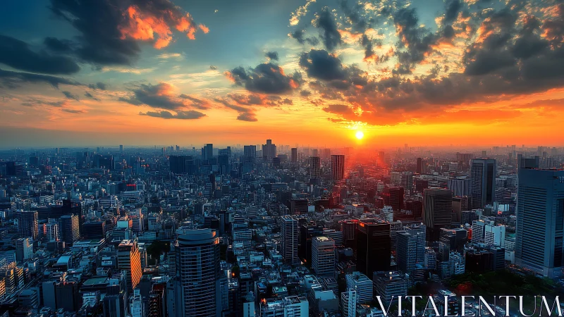 Golden city sunset casting a warm glow over the skyline.