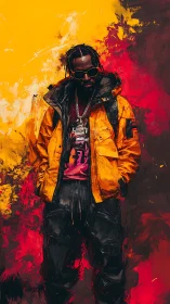 Streetwear portrait with bold yellow jacket and paint flames
