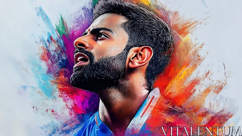 Expressive male portrait amid explosive color strokes.