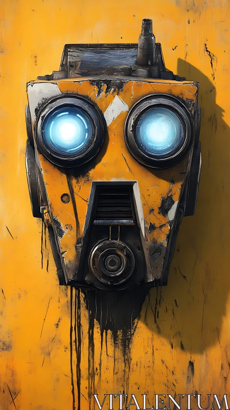 Rust-bitten robot mask with neon eyes on dripping yellow wall.