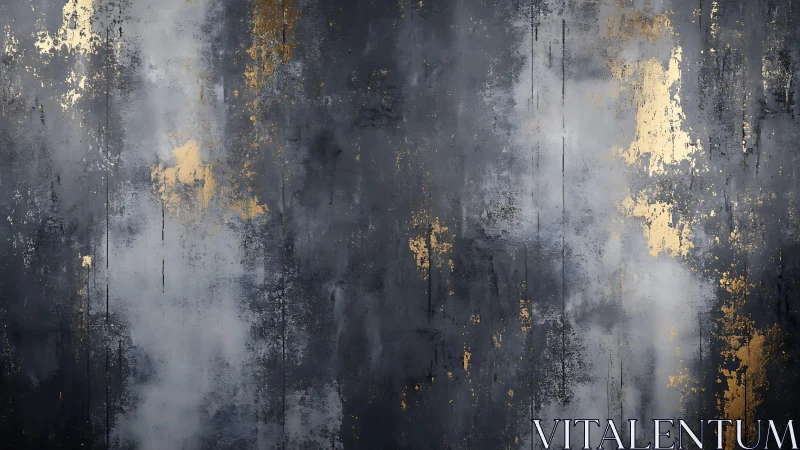 Abstract dark gray and gold textured wall art with metallic accents.