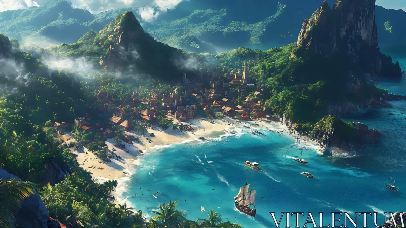 Tropical Island Cove with Ancient Cliffs and Sailing Vessels