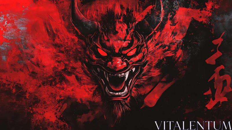 Demonic oni mask erupting from crimson smoke and shadows.