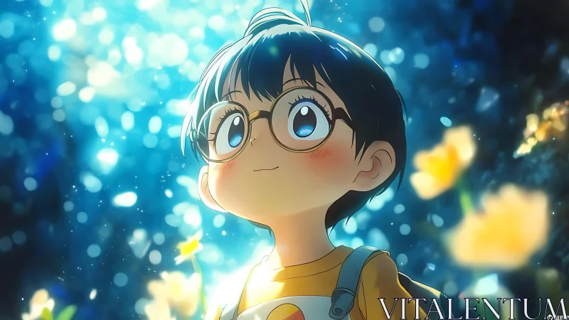 Stargazed child in glasses wandering through glowing daydream.
