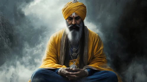 Storm-veiled sage in saffron calm upon misty mountain.