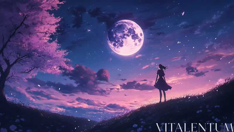 Moonlit hilltop dreams under a violet twilight sky.