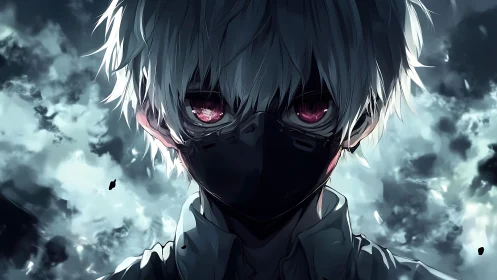 White haired masked anime figure with intense red eyes.