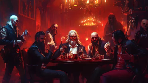 Vampiric gentlemen drinking in a dim red-lit lounge.