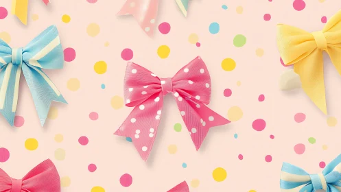 Polka-Dotted Bows Arranged on Pastel Pink Surface with Scattered Circular Elements.