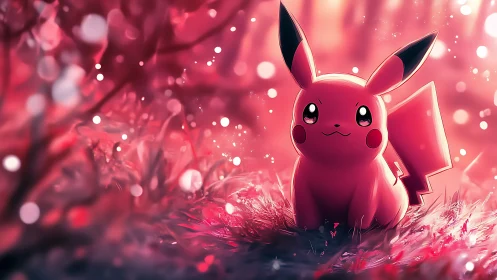Pikachu sits on glowing grass in a pink bokeh forest