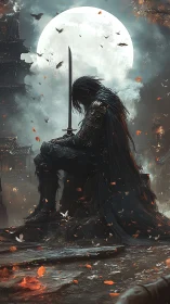 Digital painting of lone samurai before full moon in ruins.