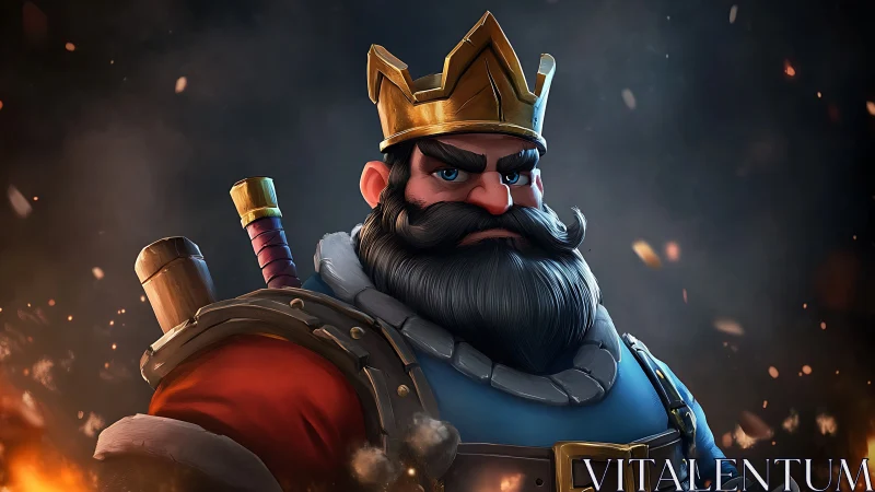 Armored bearded monarch with crown in fiery backdrop.
