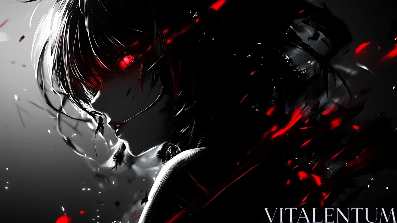 Shadowed anime warrior with glowing red eyes and sparks.