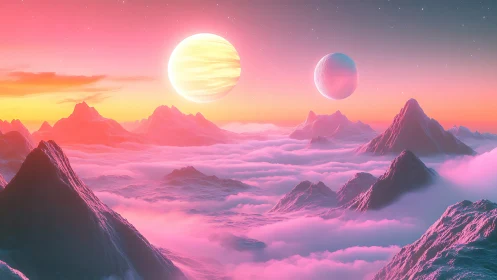 Dual moons above foggy neon mountainscape at dawn.