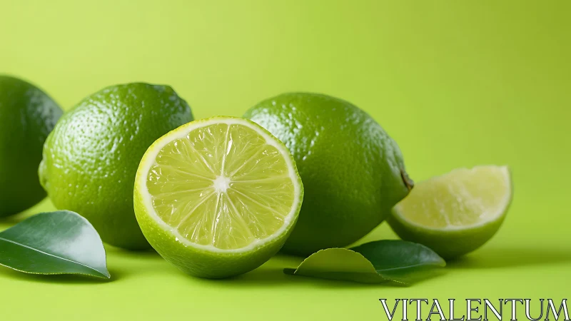 Vibrant fresh limes arranged on bright green backdrop.