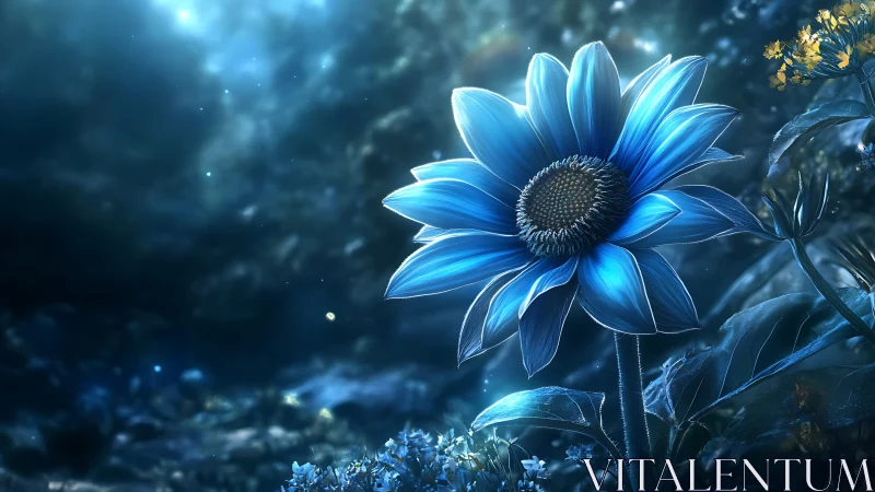 Blue flower in nocturnal luminescent environment.