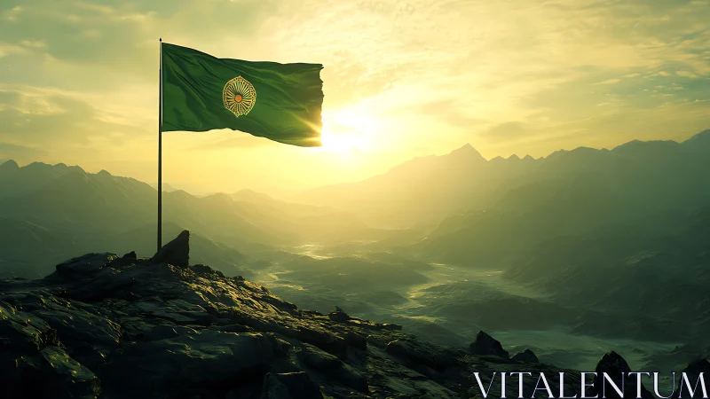 Mountain summit flag under glowing sunrise horizon.