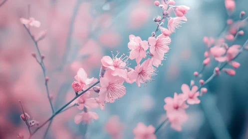 Cherry Blossom Dreams: Delicate Pink Petals Dancing in Turquoise Mist.