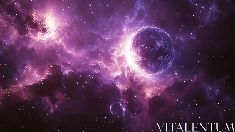 Luminous purple nebula swirls around a glowing alien world