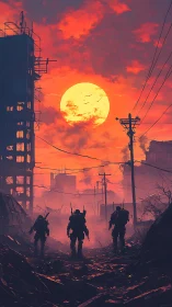 Armored soldiers cross ruined city under burning sunset sky