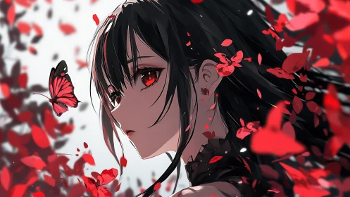 Dark haired anime girl with red petals and butterfly.