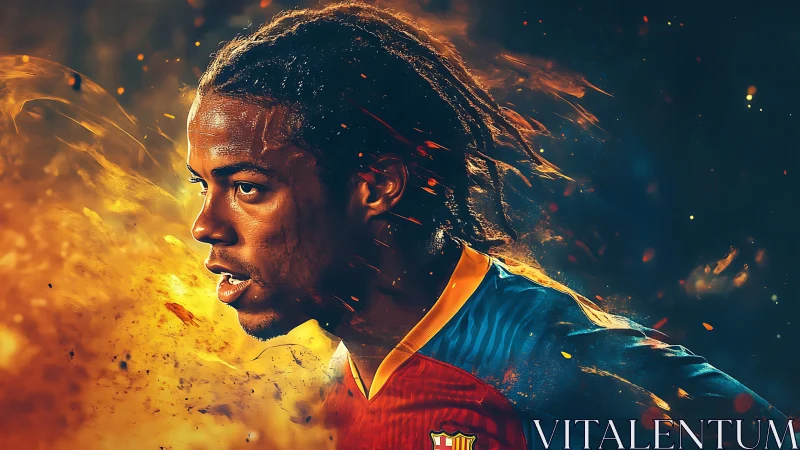 Digital portrait of football player amid fire effects.