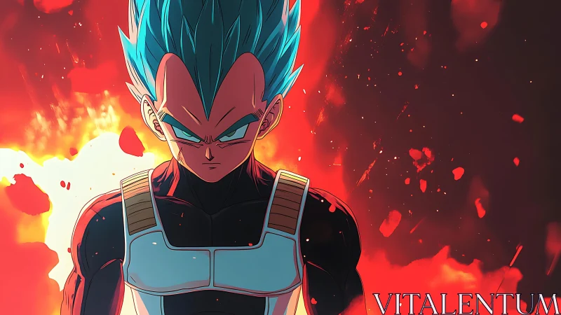 Blue haired anime warrior in armor before red energy field.