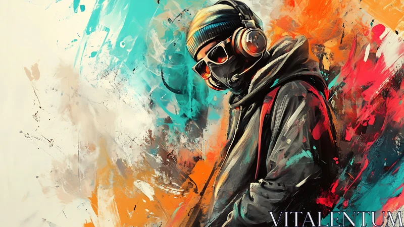 Hooded urban figure wearing headphones in vivid paint swirls