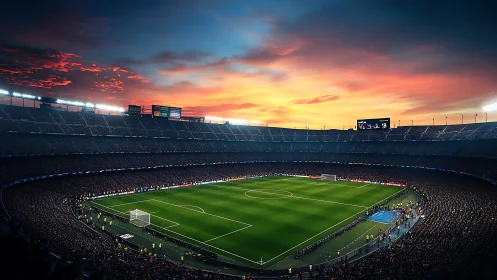Crowded football stadium under vivid sunset sky panorama.