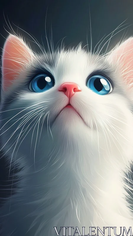 White Cat with Blue Eyes and Pink Nose Digital Portrait.