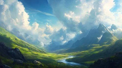 Sunlit mountain valley with calm river and drifting clouds.