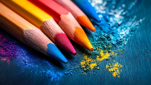 Macro study of colored pencils on textured pigment field.