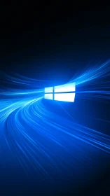 Glowing window icon with dynamic blue light trails.