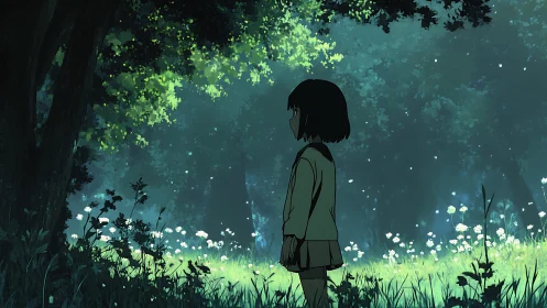 Anime forest vignette with solitary figure and luminous glade.