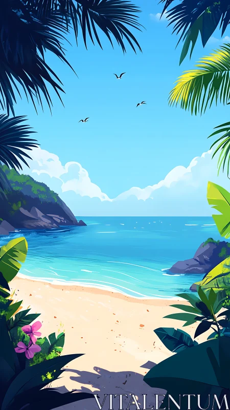 Paradise Beach: Tropics Framed by Palm Fronds and Azure Waters.