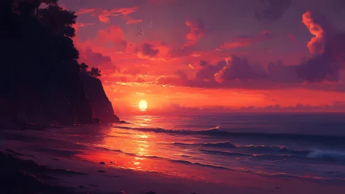Digital seascape sunset renders dramatic chromatic shoreline glow
