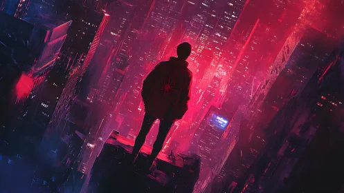Cyberpunk cityscape with lone figure in neon magenta haze.