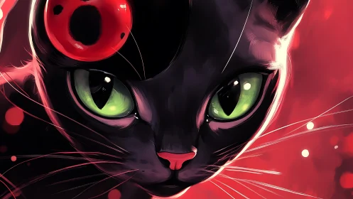 Black Cat with Glowing Green Eyes and Neon Pink Aura.