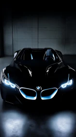 Low-key illuminated BMW concept roadster front profile study.